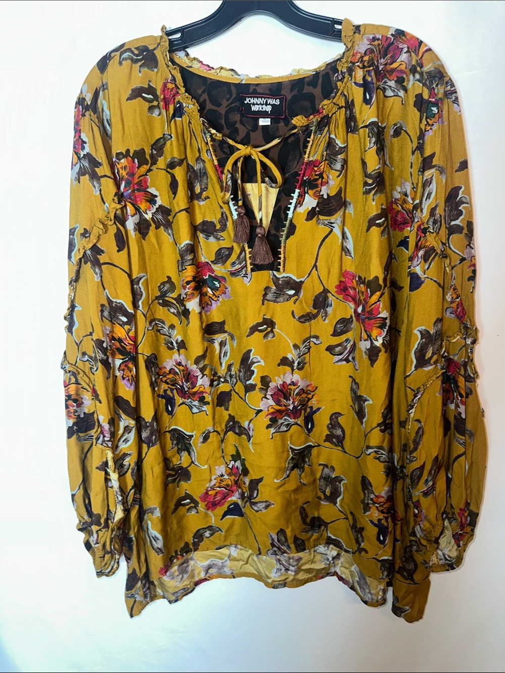 Johnny Was Mustard Floral Tie-Neck Peasant Blouse